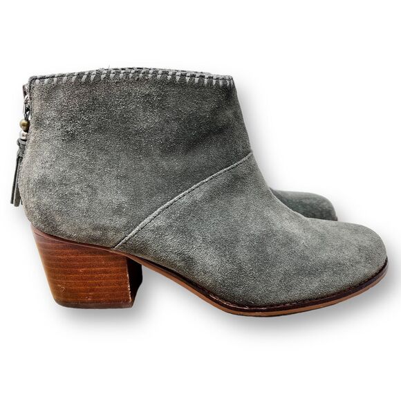 Toms Leila Suede Ankle Booties Block Heel Women's 9 Gray Tassel - Picture 1 of 11
